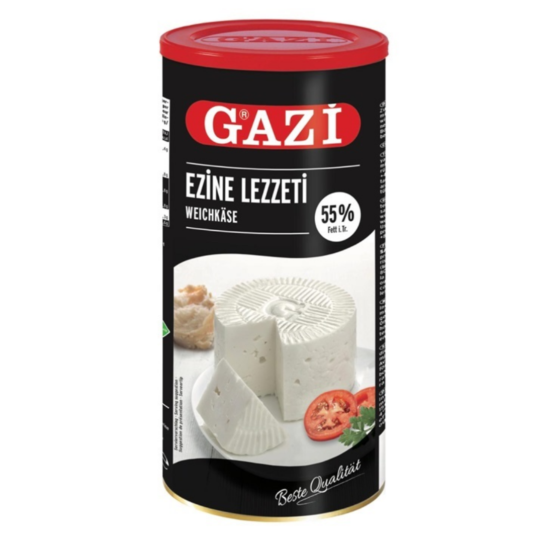 A block of Gazi Ezine Peynir from Aytac with 55% fat content, 800g, showcasing the creamy, white cheese texture.