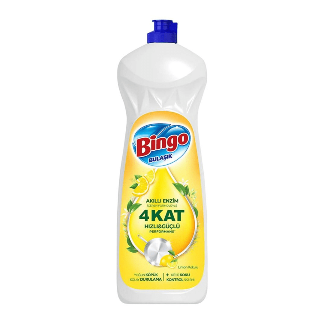 Aytac Bingo bulaşık deterjanı, limon kokulu, 650 ml şişe, üzerinde ürün etiketi ve sıvı deterjan görünümü.