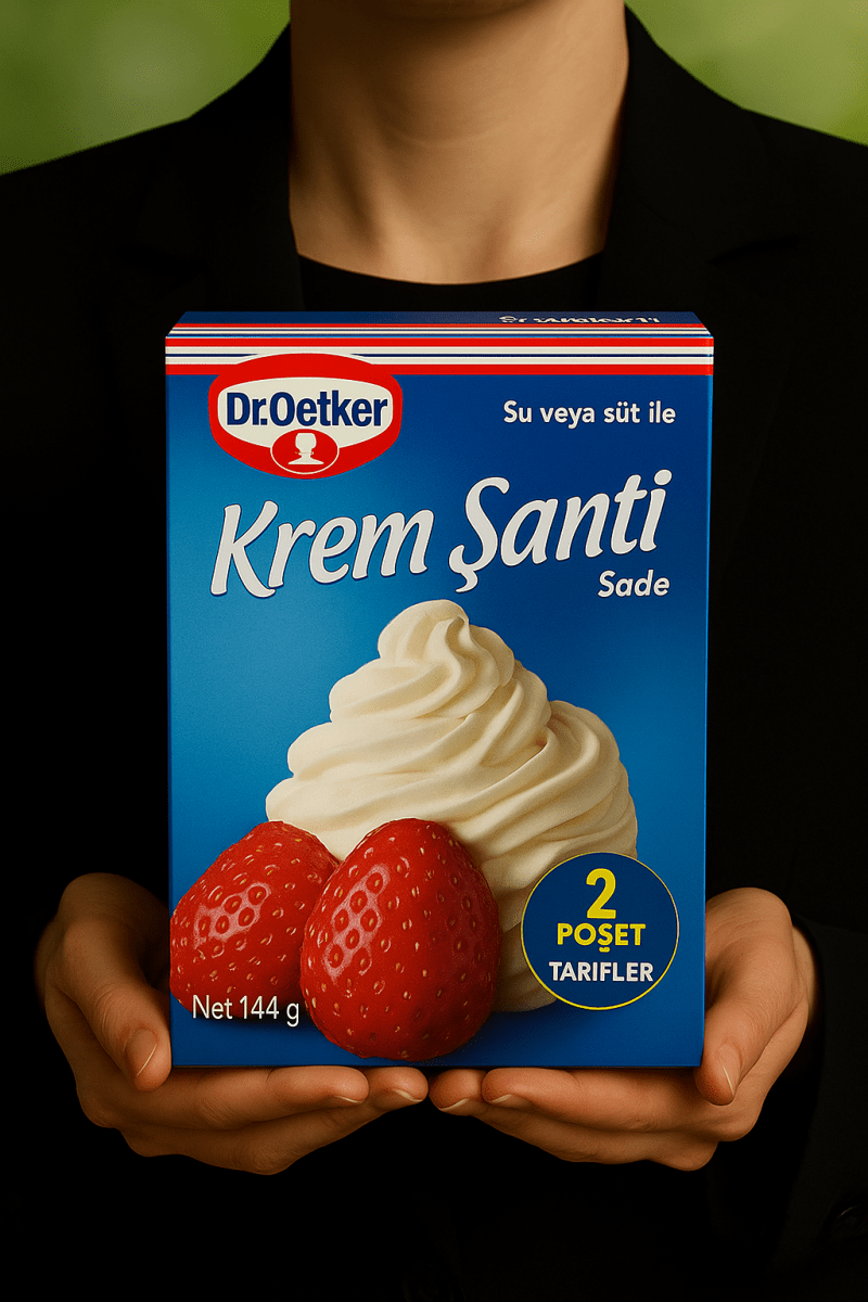 Nazlikoy markalı Dr Oetker Krem Şanti 144 gr, kabında ve vanilyalı krem şanti görünümü
