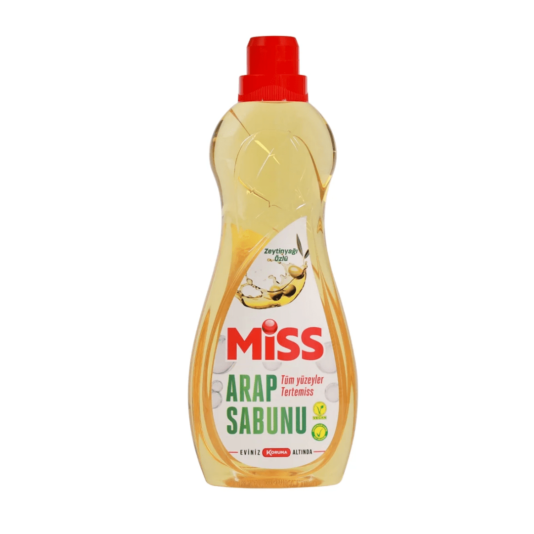 Aytac Miss Arap Sabunu 1 litrelik şeffaf sabun şişesi, doğal içerikli temizlik ve bakım sabunu.