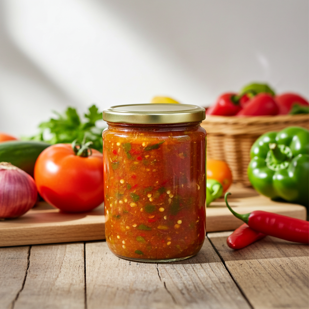 Spicy red pepper sauce and Ezme from Nazlikoy in an 850g jar, showcasing vibrant red chili peppers and fresh ingredients.