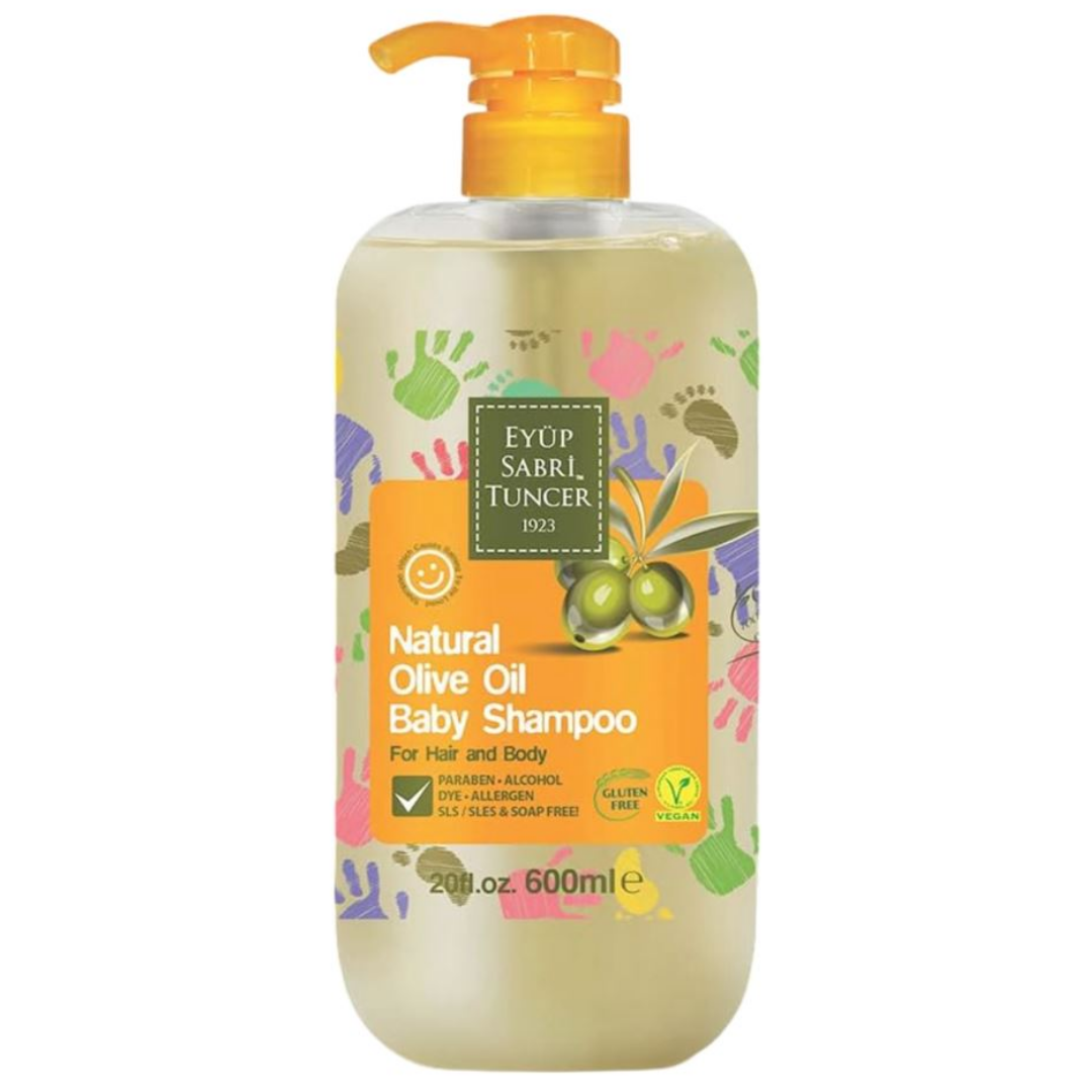 Aytac Eyüp Sabri Tuncer bebek şampuanı, 600 ml şişe, yumuşak ve nazik bebek cildi için ideal, beyaz şampuan şişesi.