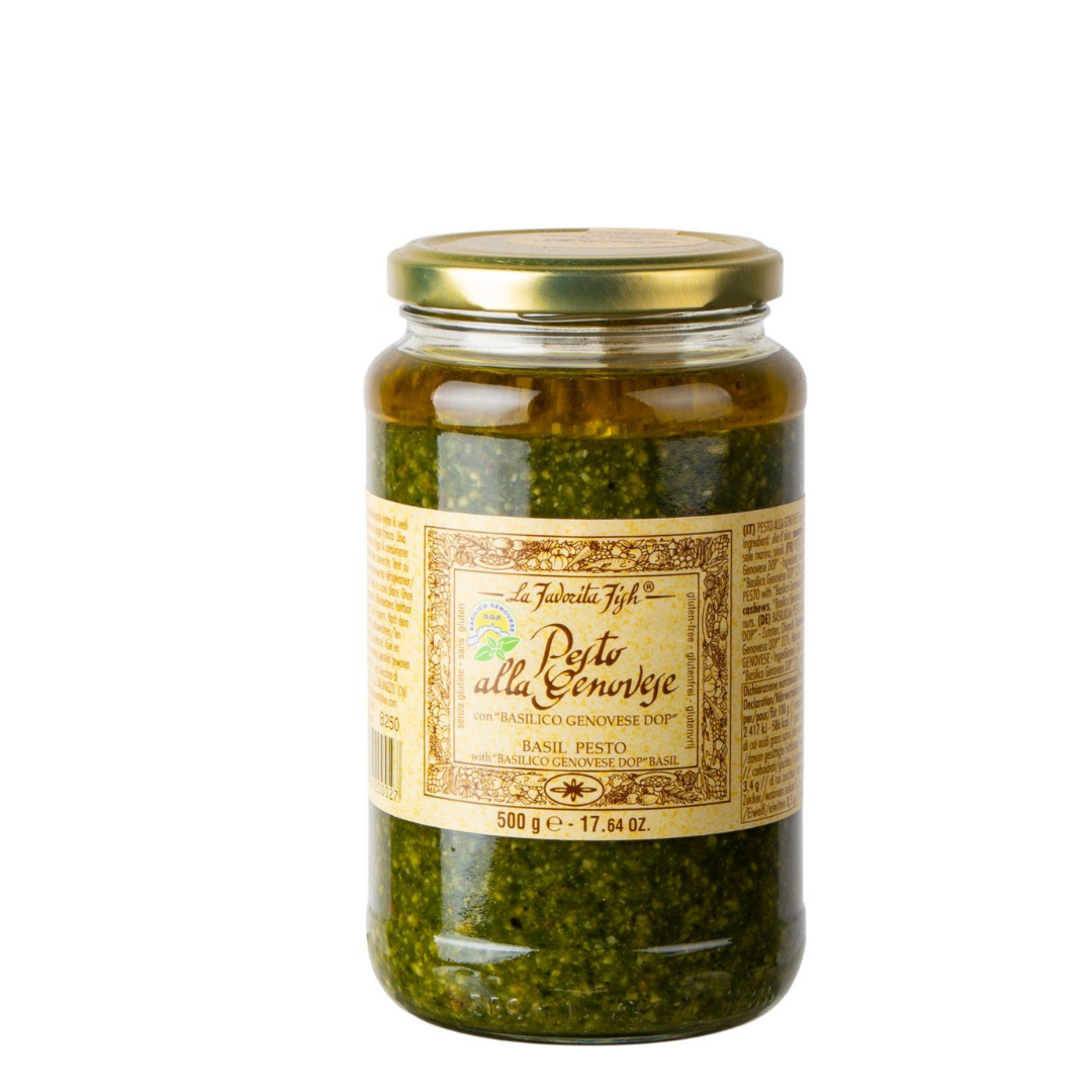 Nazlikoy La Favorita Pesto alla Genovese 500g, taze yeşil fesleğen ve zeytinyağı ile hazırlanmış geleneksel pesto gıda ürünü