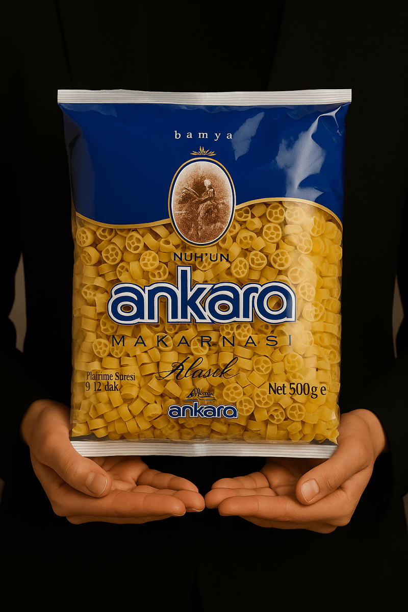 Nazlikoy Ankara Bamya Makarna 500g, kuru makarna paketi, geleneksel Türk makarna çeşidi.