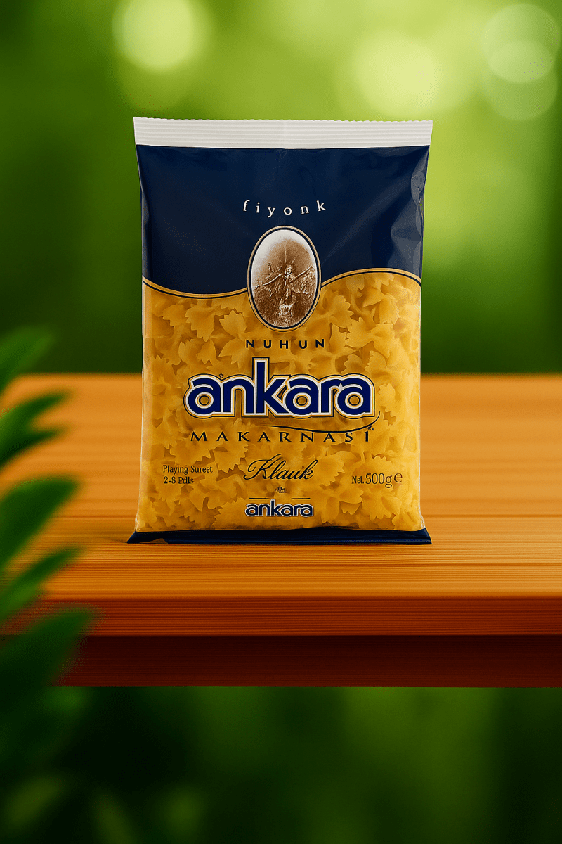 Nazlikoy Ankara Fiyonk Makarna 500Gr, kuru makarna paketinin yakın çekim görüntüsü.