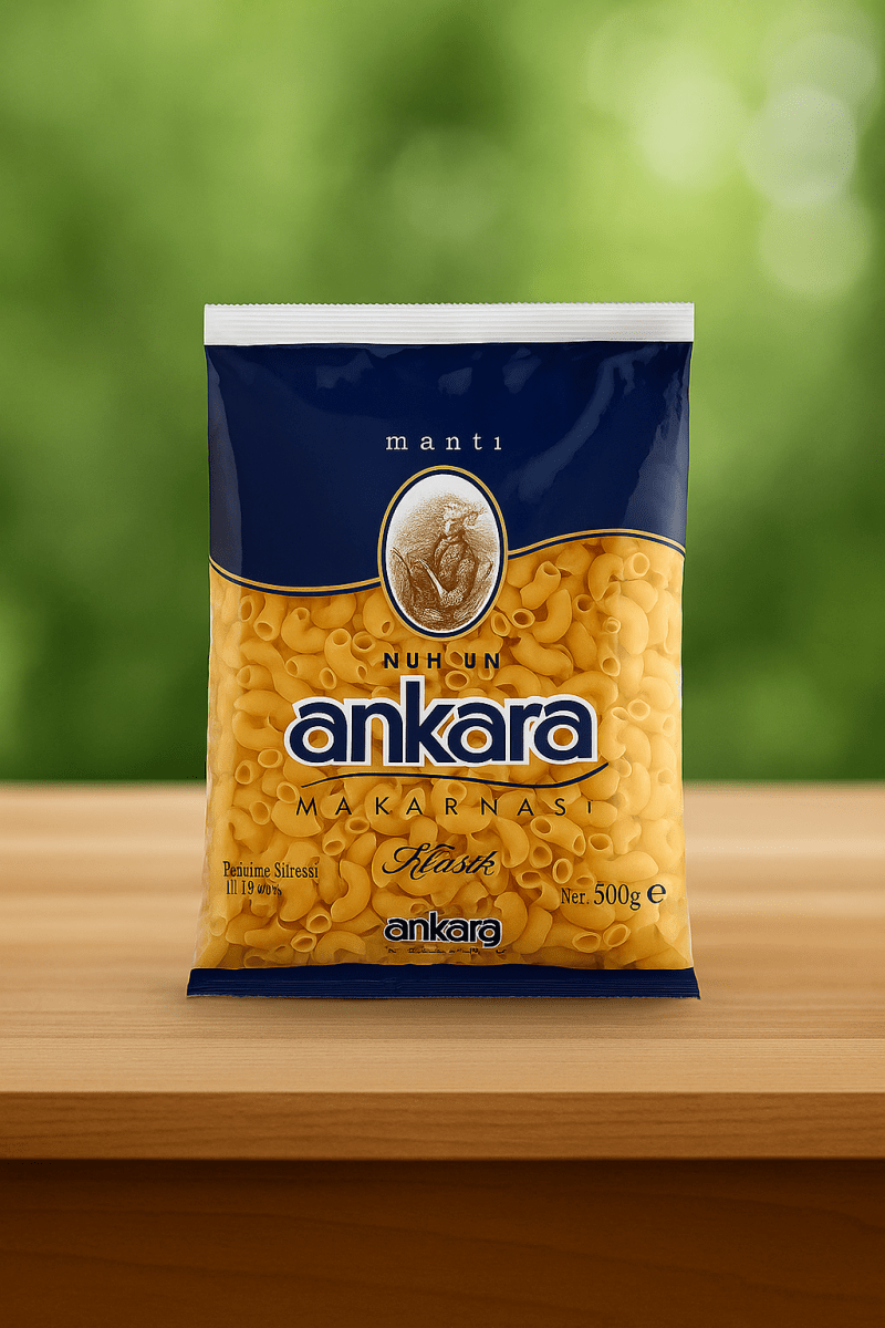 Nazlikoy Ankara Mantı Makarna 500GR, kuru makarna paketi, geleneksel Türk mantı makarna görünümünde.