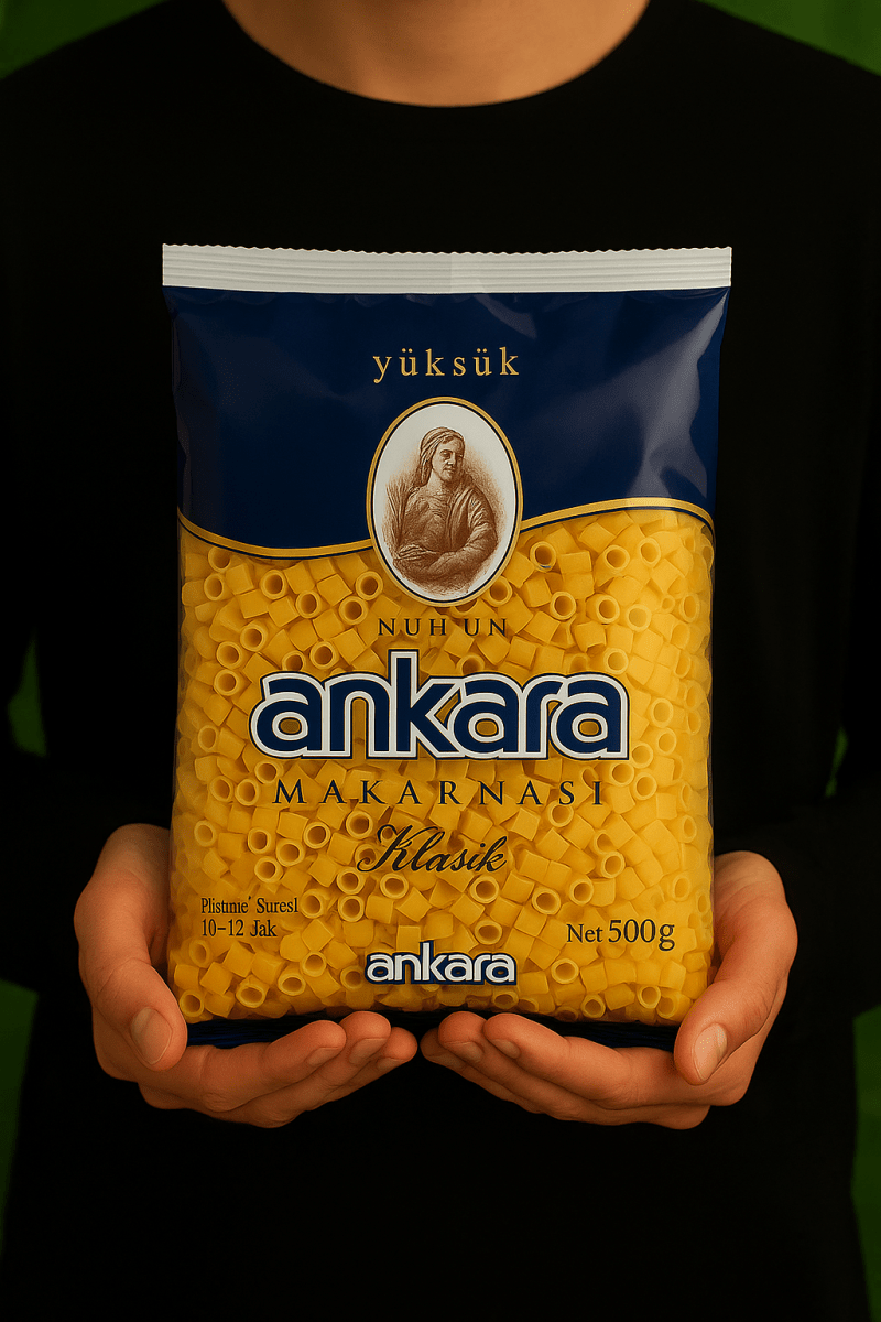 Nazlikoy Ankara Yüksük Makarna 500g, geleneksel Türk gıda ürünü, makarna paketinde gösterilen detaylar.