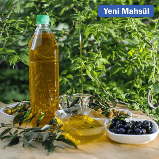 Bottle of Nazlikoy Zeytin Yağı (olive oil) with a clear label, featuring a dark green cap and a golden liquid inside.