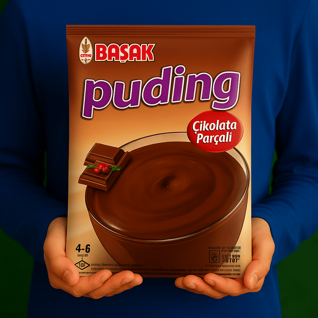 Başak Puding Çikolata Parçalı, Nazlikoy markası, 105g paketli lezzetli ve kremalı tatlı gıda ürününün görüntüsü.