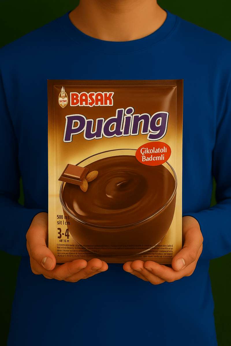 Başak Puding Çikolatalı Bademli, 105g, Nazlikoy markalı kremalı ve çikolatalı puding, badem parçalarıyla süslenmiş.