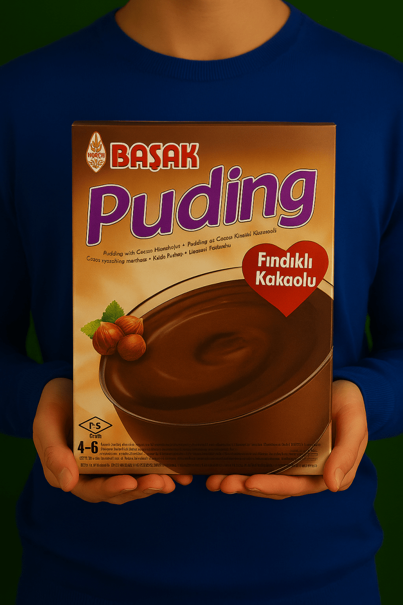 Başak Puding Fındıklı Kakao Nazlikoy, 110g, fındıklı ve kakao lezzetli gıda ürünü, görselde fındıklı puding gösteriliyor.