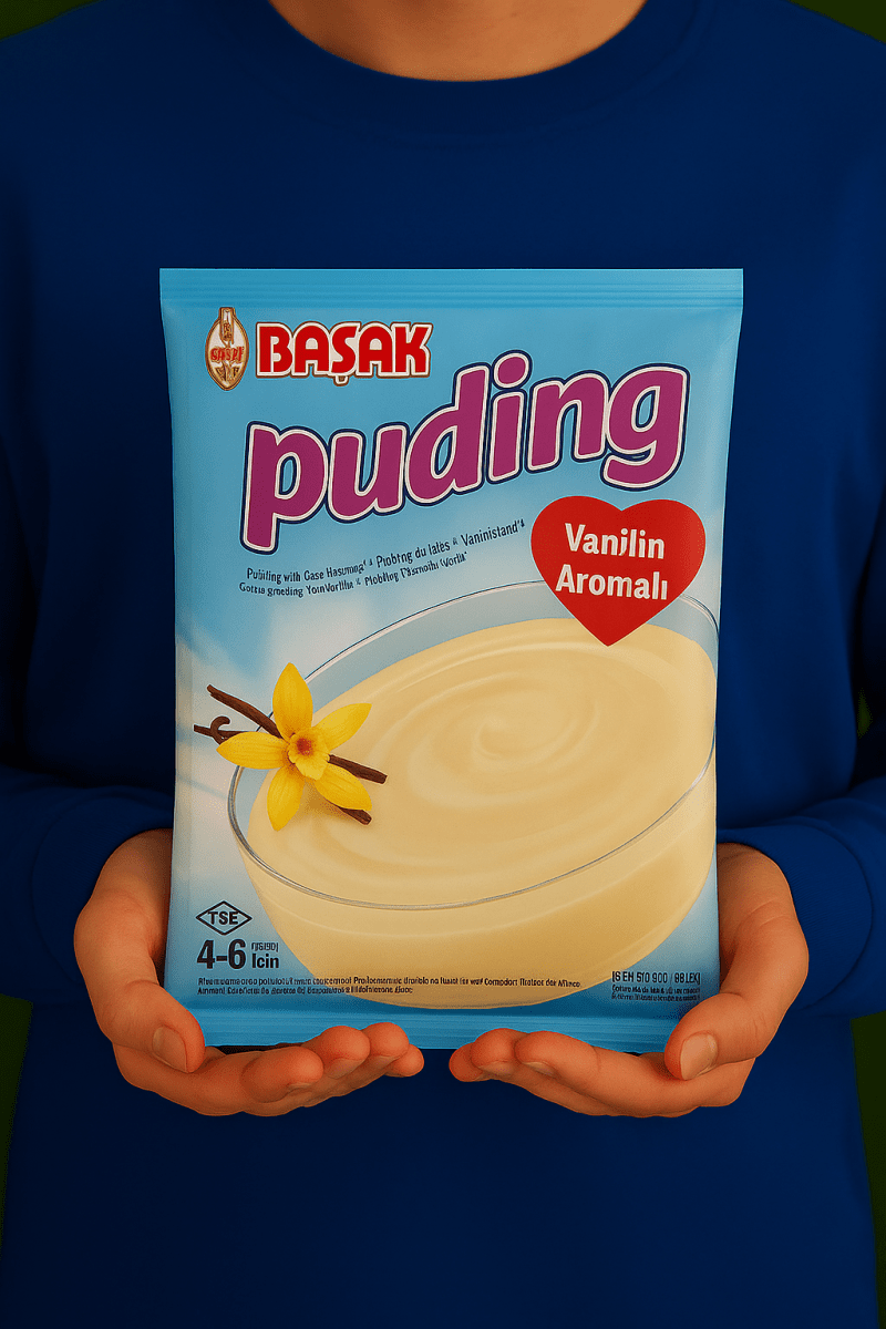 Nazlikoy Başak Puding Vanilyalı 130g, vanilya aromalı puding paketinin görünümü, beyaz ve vanilya temasıyla.