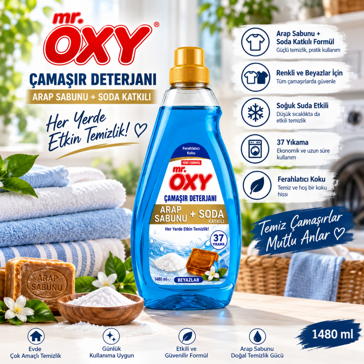 Aytac Mr. Oxy Arap Sabunu ve Soda Katkılı Sıvı Çamaşır Deterjanı, 1480 ml, beyazlar için 37 yıkama, temizlik ve leke çıkarma.