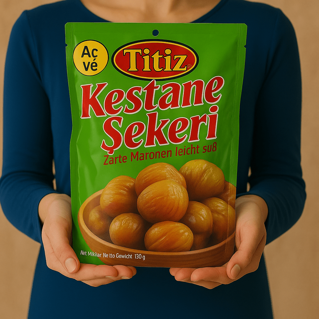 Titiz Kestane Şekeri Nazlikoy 125g, kavrulmuş kestane şekeri görüntüsü, tatlı ve lezzetli atıştırmalık.